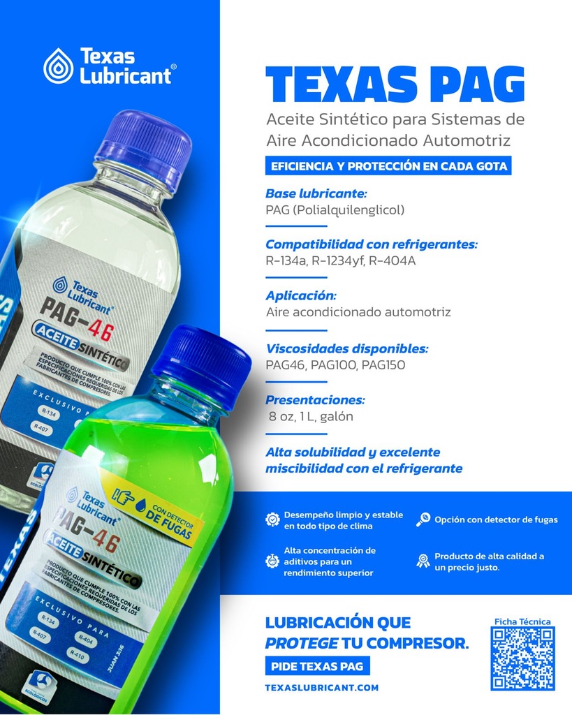 Aceite polialquileno glicol 8oz con Uv R-134a PAG-100 20 x caja TEXAS