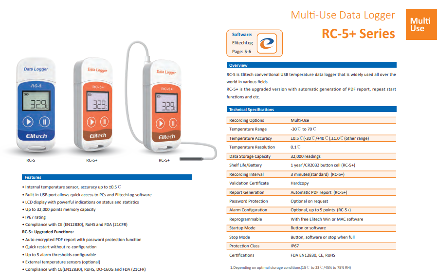 Data logger reutilizable USB -30 a 70°C RC-5 ELITECH