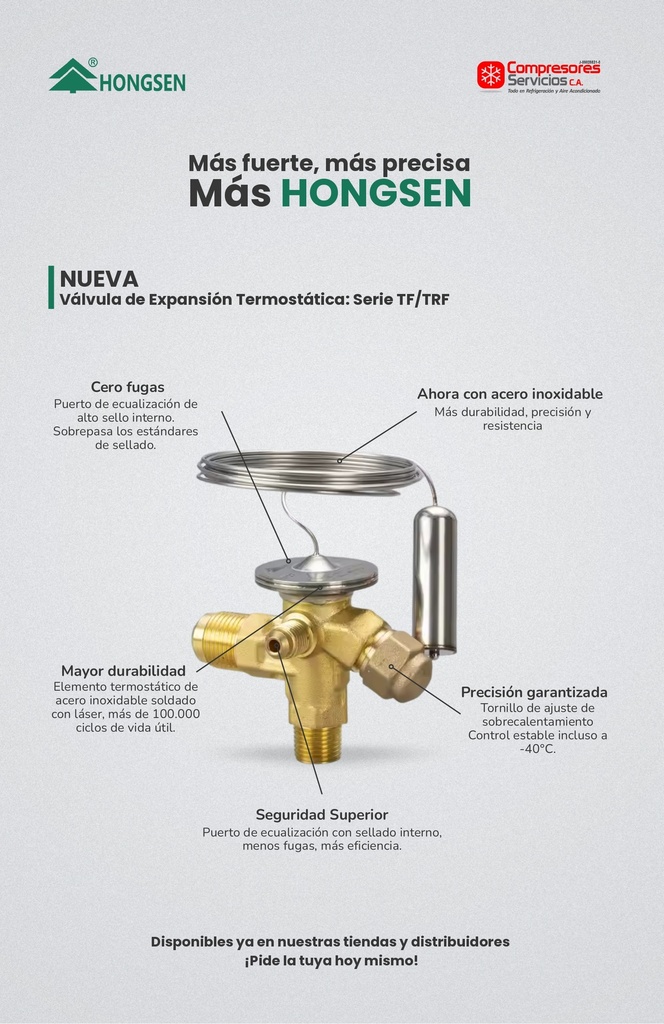 Valvula de expansion acero inoxidable R-410A 9 HP eq ext ODF 5/8 x 7/8 pulg TRF410W-9 HONGSEN