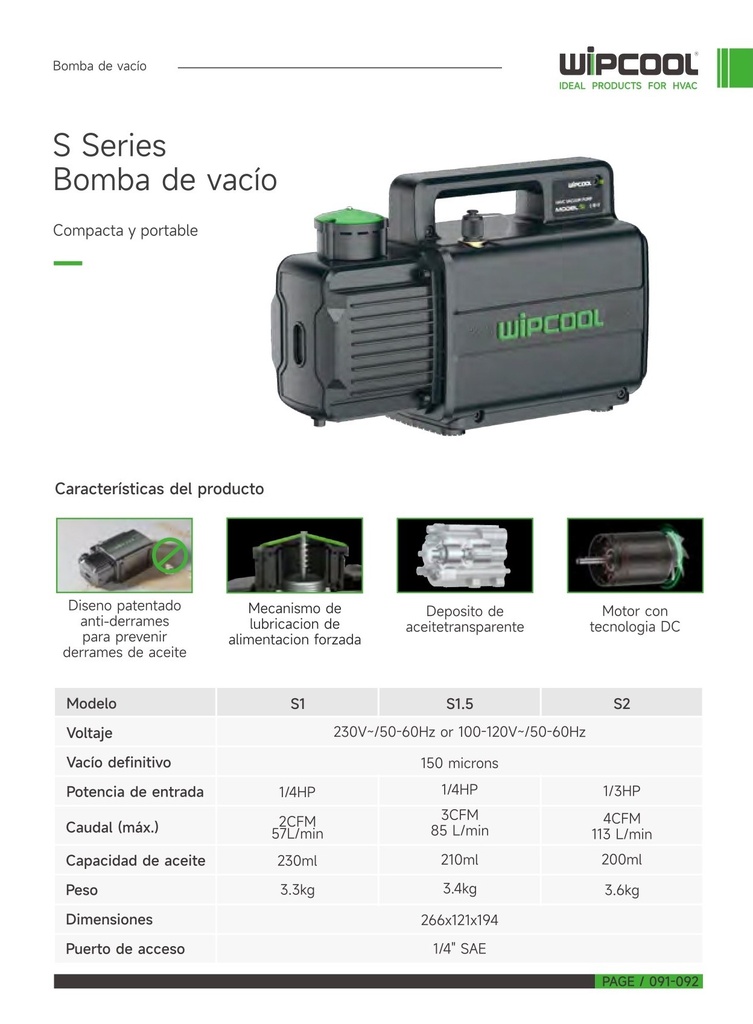 Bomba vacio 1/3 HP 1 etapa 4 CFM 110V 150 micrones S2 WIPCOOL