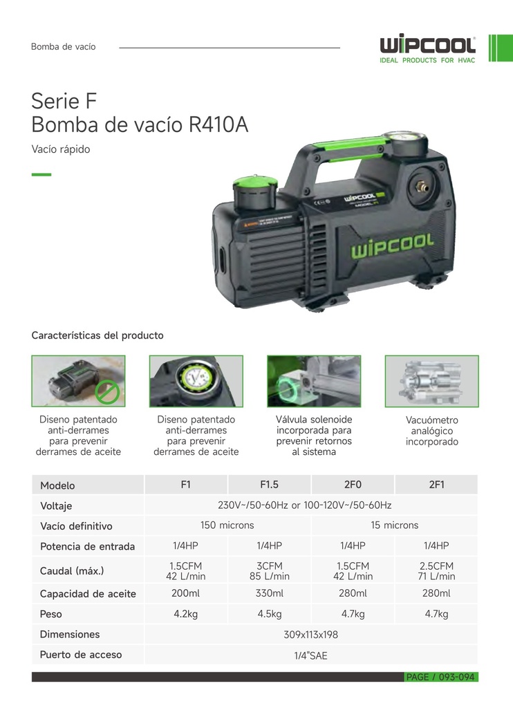 Bomba vacio 1/4 HP 1 etapa 3 CFM 110V 150 micrones F1.5 WIPCOOL