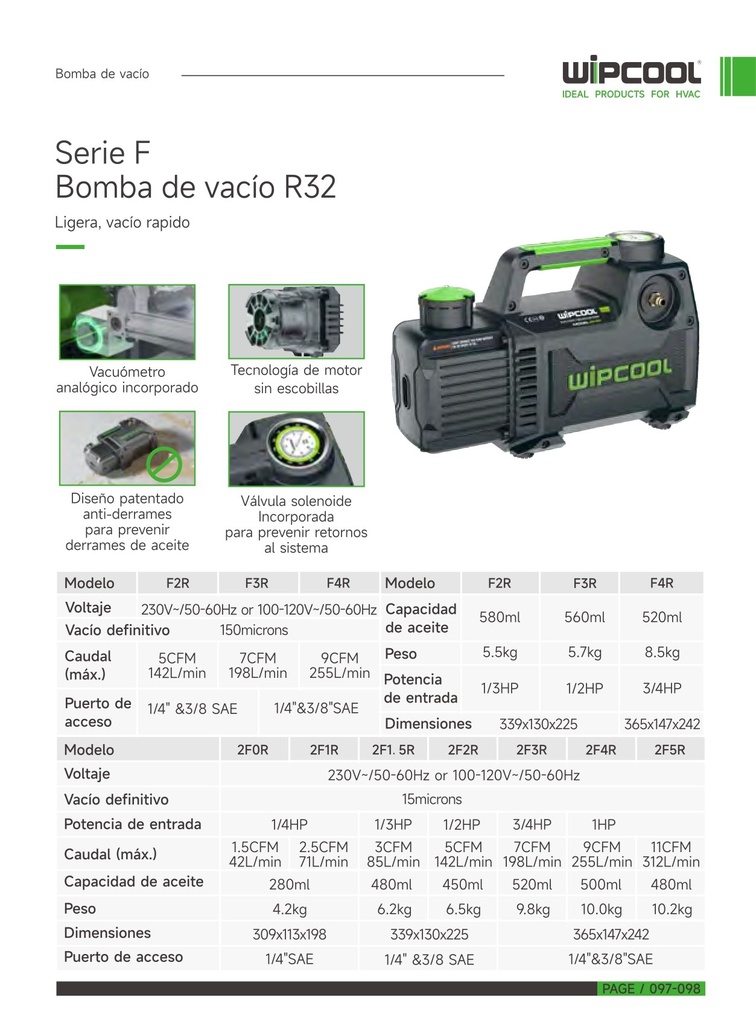 Bomba vacio 1/3 HP 1 etapa 5 CFM A3/A2L 110V 150 micrones F2R WIPCOOL