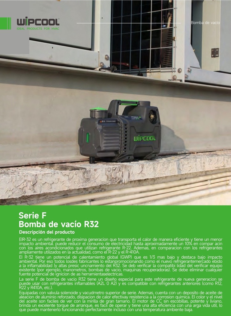 Bomba vacio 3/4 HP 2 etapas 7 CFM A3/A2L 110V 15 micrones 2F3R WIPCOOL