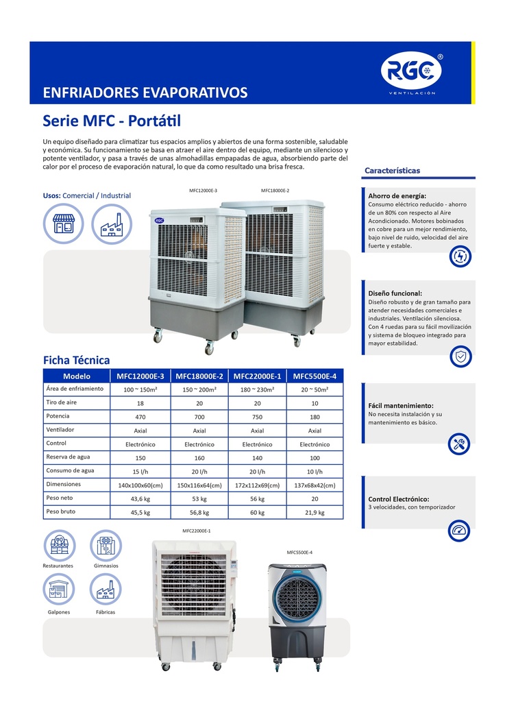 Enfriador evaporativo 150 - 200m² 110V 160 Lts MFC18000E-2 RGC