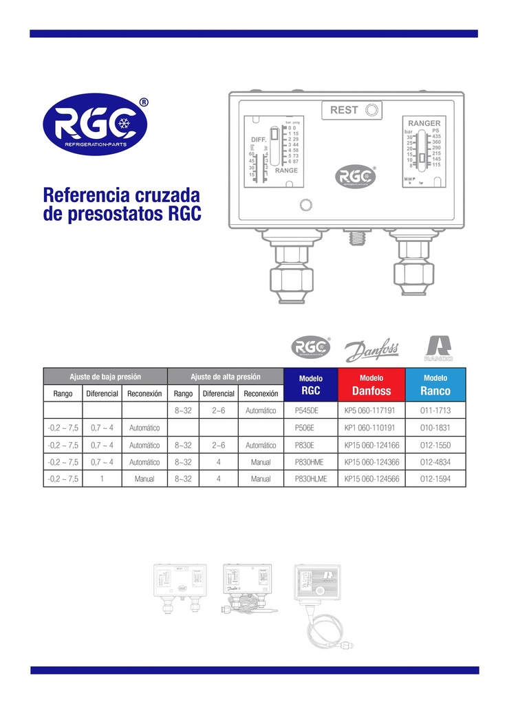 Presostato de alta R22 - R404A - R507 - R134a reset automatico flare P545DE RGC
